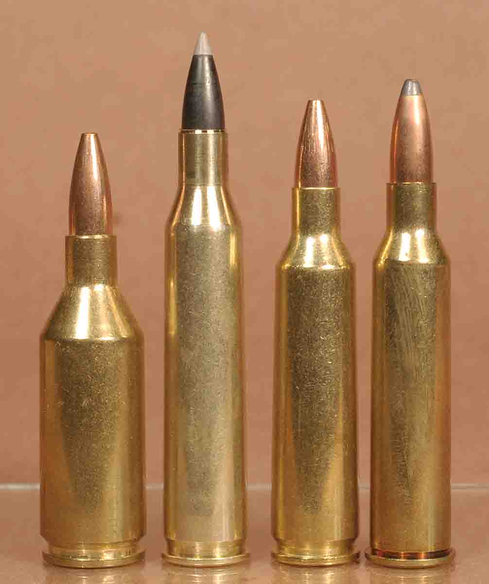 These hot .22-caliber cartridges will all burn out a barrel if long strings of shots are fired through them. From the left: .223 Winchester Super Short Magnum, .220 Swift, .22-250 Remington and .225 Winchester.